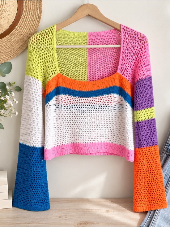 Sweaters - Women’s Colorblock Crochet Open Knit Crop Top Bell Sleeve Size S
